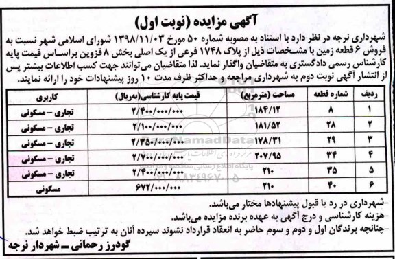 آگهی مزایده مزایده فروش 6 قطعه زمین پلاک 1748 فرعی نوبت اول 