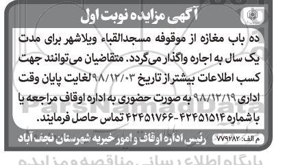 مزایده، مزایده اجاره ده باب مغازه