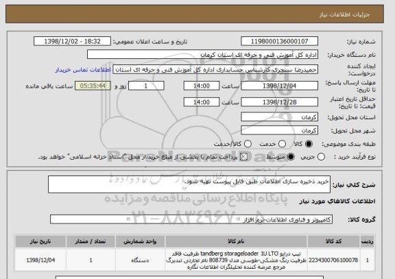 استعلام خرید ذخیره سازی اطلاعات طبق فایل پیوست تهیه شود.