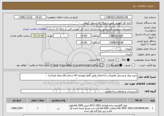 استعلام خرید ورق و وسایل تعمیرات ساختمان طبق فایل پیوست که شامل 16 ردیف میباشد 