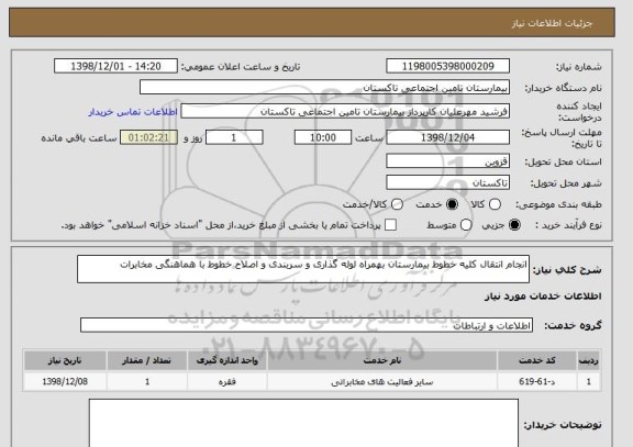 استعلام انجام انتقال کلیه خطوط بیمارستان بهمراه لوله گذاری و سربندی و اصلاح خطوط با هماهنگی مخابرات