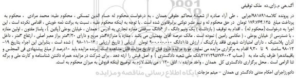 مزایده، مزایده فروش یک ونیم دانگ از 6دانگ سرقفلی مغازه تجاری 
