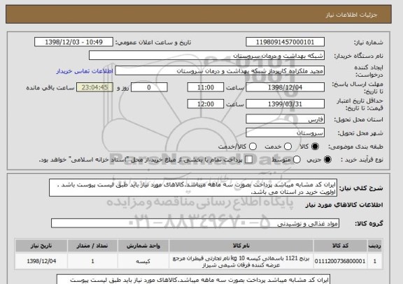 استعلام ایران کد مشابه میباشد پرداخت بصورت سه ماهه میباشد.کالاهای مورد نیاز باید طبق لیست پیوست باشد . اولویت خرید در استان می باشد.