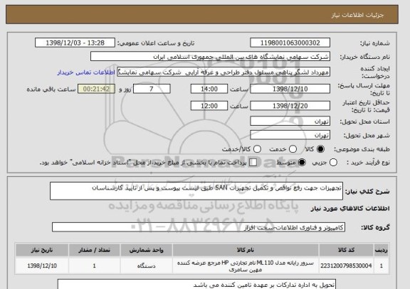 استعلام تجهیزات جهت رفع نواقص و تکمیل تجهیزات SAN طیق لیست پیوست و پس از تایید کارشناسان