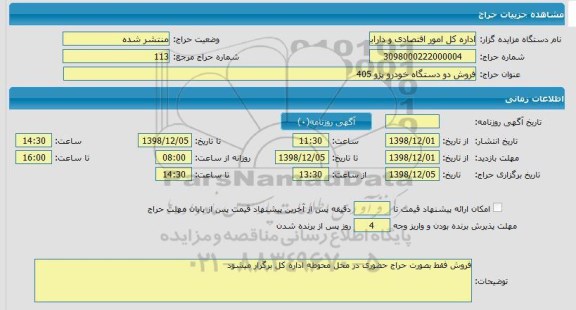 مزایده فروش دو دستگاه خودرو پژو 405