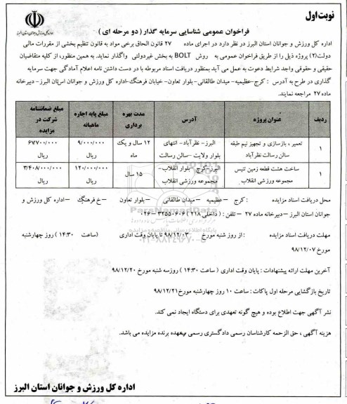 فراخوان عمومی، فراخوان عمومی شناسایی سرمایه گذار تعمیر، بازسازی و تجهیز ... 