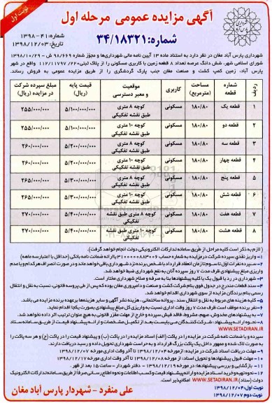 آگهی مزایده مزایده فروش 8 قطعه زمین با کاربری مسکونی مرحله اول نوبت اول
