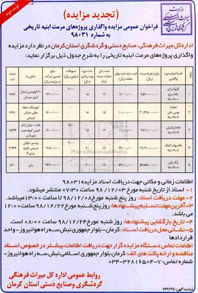 تجدید مزایده, فراخوان عمومی تجدید مزایده واگذاری پروژه های مرمت ابنیه تاریخی- نوبت دوم