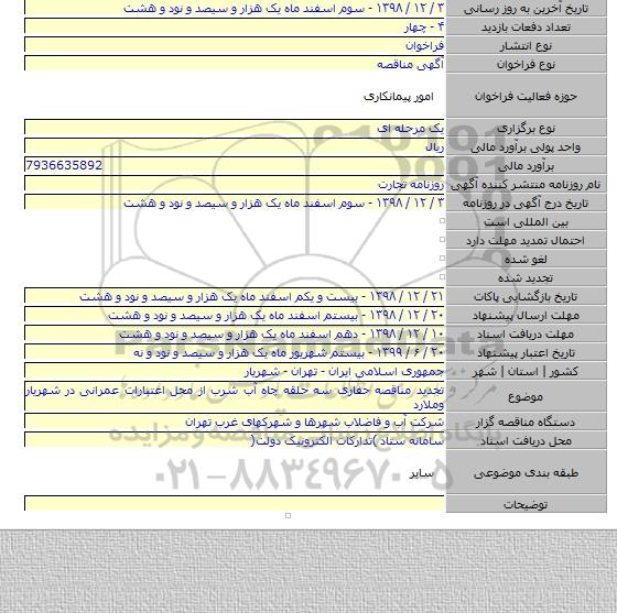 تجدید مناقصه حفاری سه حلقه چاه آب شرب از محل اعتبارات عمرانی در شهریار وملارد