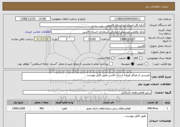 استعلام بازرسی از مراکز عرضه استان فارس طبق فایل پیوست .