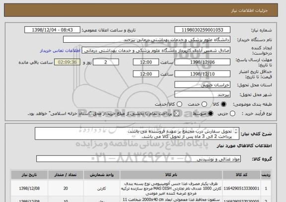 استعلام تحویل سفارش درب مجتمع بر عهده فروشنده می باشد. 
پرداخت 2 الی 3 ماه پس از تحویل کالا می باشد. 
کد ظروف به ترتیب 110 ، 160 و 30 می باشد.