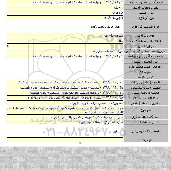 خرید، بارگیری، حمل تحویل ۶۰۰۰ فقره کنتور آب مولتی جت خشک کلاس۱۶۰R در اقطار نیم الی یک و نیم اینچ