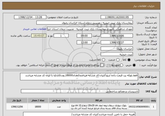 استعلام فقط بلوکه یزد قیمت داده شود/ایران کد مشابه میباشد/تعداد18000 عدد/اندازه با ایران کد مشابه میباشد