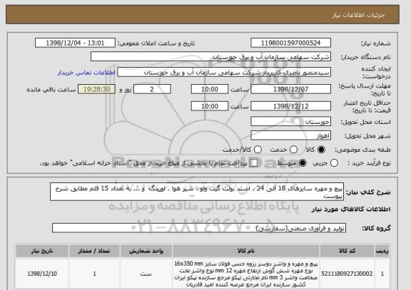 استعلام پیچ و مهره سایزهای 18 الی 24 . استد بولت گیت ولو . شیر هوا . اورینگ  و ... به تعداد 15 قلم مطابق شرح پیوست