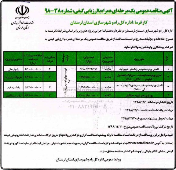 مناقصه ، مناقصه تکمیل چهار خطه پلیس راه 