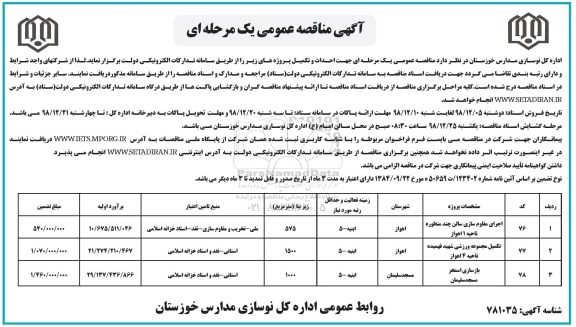 آگهی مناقصه عمومی , مناقصه جهت احداث و تکمیل
