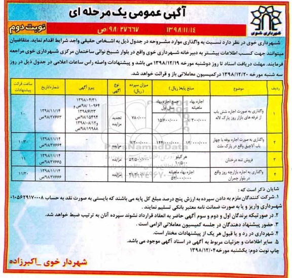 آگهی مزایده عمومی , مزایده واگذاری به صورت اجاره شش باب و...نوبت دوم