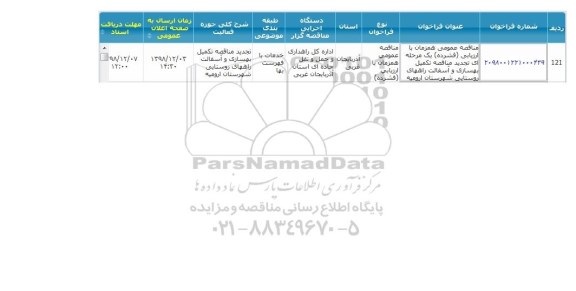 تجدید مناقصه، تجدید مناقصه عمومی یک مرحله ای تکمیل بهسازی و آسفالت راههای روستایی...