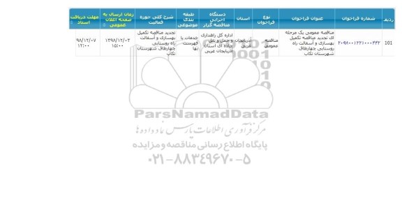 مناقصه تکمیل بهسازی و آسفالت