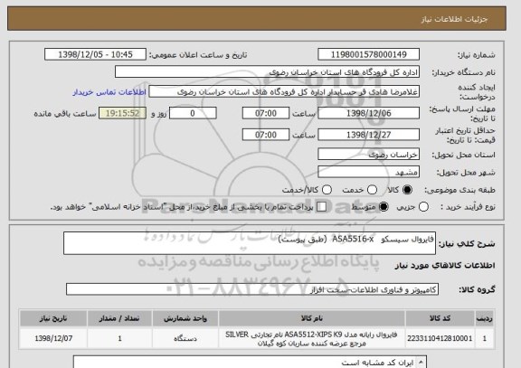 استعلام فایروال سیسکو   ASA5516-x  (طبق پیوست)