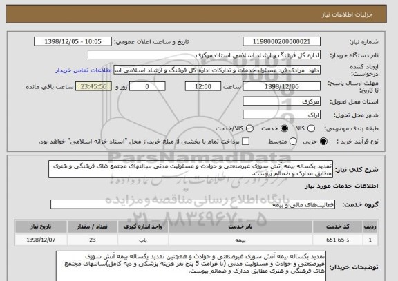 استعلام تمدید یکساله بیمه آتش سوزی غیرصنعتی و حوادث و مسئولیت مدنی سالنهای مجتمع های فرهنگی و هنری مطابق مدارک و ضمائم پیوست.