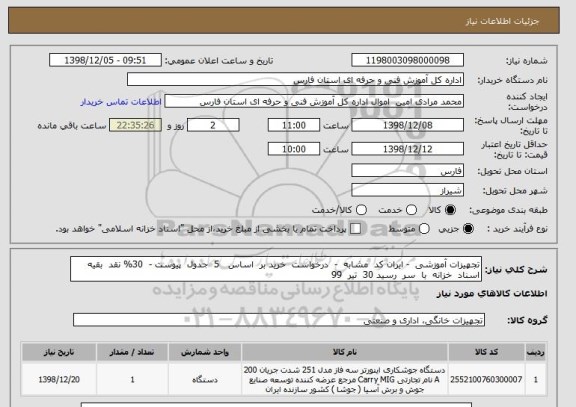 استعلام تجهیزات آموزشی  - ایران کد  مشابه  -  درخواست  خرید بر  اساس   5  جدول  پیوست -  30% نقد  بقیه  اسناد  خزانه  با  سر  رسید 30  تیر  99   