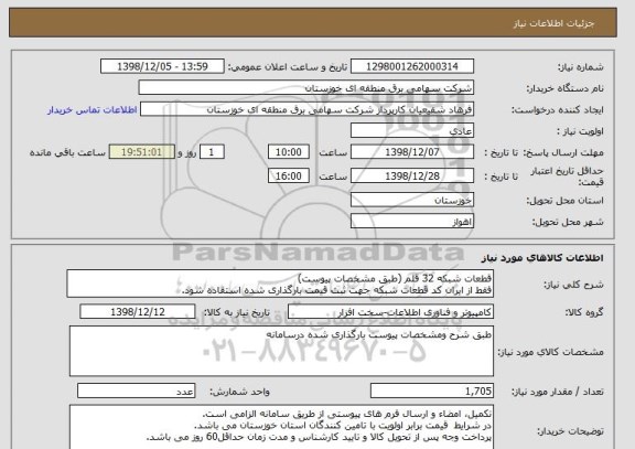 استعلام قطعات شبکه 32 قلم (طبق مشخصات پیوست)
فقط از ایران کد قطعات شبکه جهت ثبت قیمت بارگذاری شده استفاده شود.