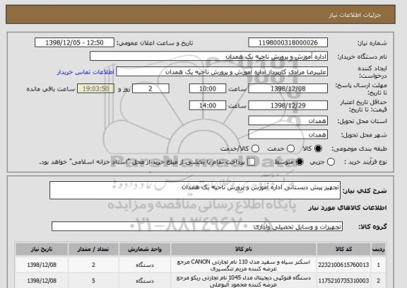 استعلام تجهیز پیش دبستانی اداره آموزش و پرورش ناحیه یک همدان 