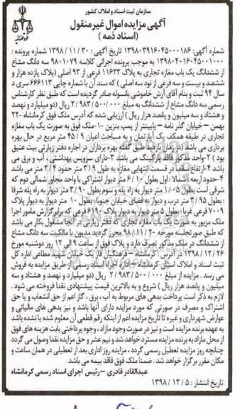 مزایده مزایده سه دانگ مشاع از ششدانگ ملک مغازه