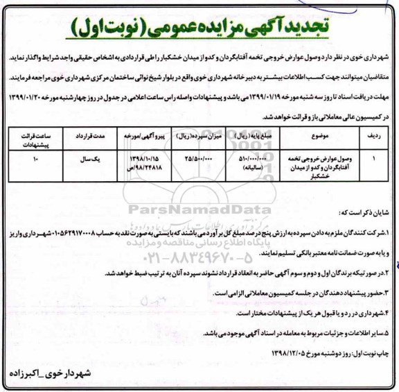 آگهی تجدید مزایده عمومی , مزایده وصول عوارض خروجی تخمه آفتابگردان و کدو از میدان خشکبار - تجدید