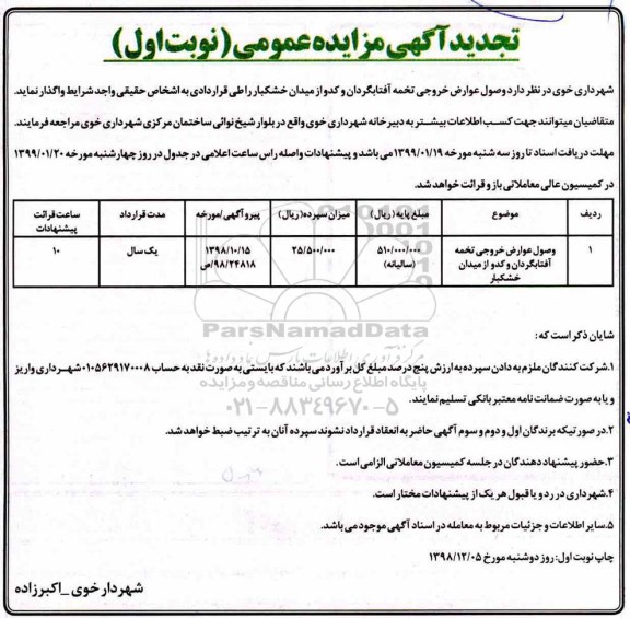 آگهی تجدید  مزایده عمومی , مزایده وصول عوارض خروجی تخمه آفتابگردان و کدو از میدان خشکبار - تجدید 