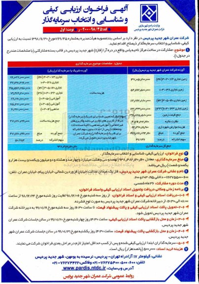 آگهی فراخوان ارزیابی، آگهی فراخوان ارزیابی و شناسایی و انتخاب سرمایه گذار 