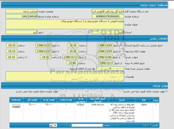 مزایده ،  فروش 1 دستگاه خودرو پراید