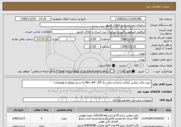 استعلام خرید پاکت ملخی /پاکت ساده و حباب دار A5 , A4  ,A3 به شرح ایرانکد و توضیحات