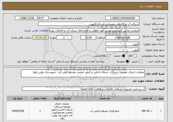 استعلام عملیات اجرای حوضچه شیرآلات شبکه داخلی و کنتور حجمی مجتمع فیض آباد  شهرستان بوئین زهرا 