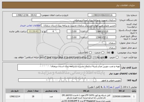 استعلام تهیه و نصب دوربین مدار بسته سازمان مدیریت و برنامه ریزی استان سمنان