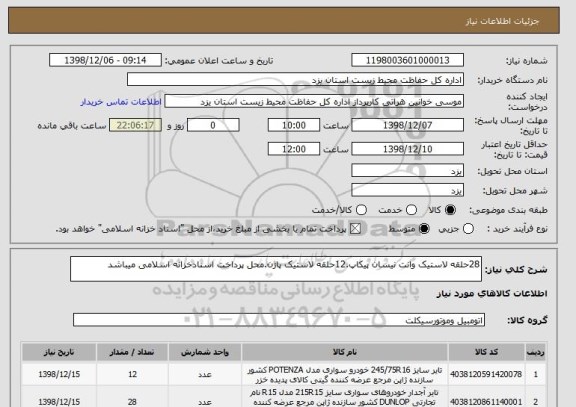 استعلام 28حلقه لاستیک وانت نیسان پیکاپ.12حلقه لاستیک پاژن.محل پرداخت اسنادخزانه اسلامی میباشد