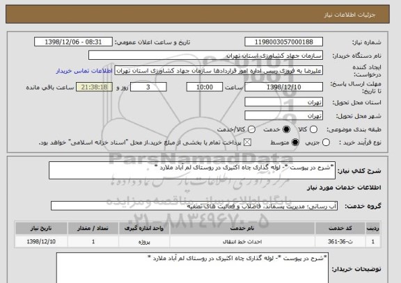 استعلام *شرح در پیوست *- لوله گذاری چاه اکثیری در روستای لم آباد ملارد *