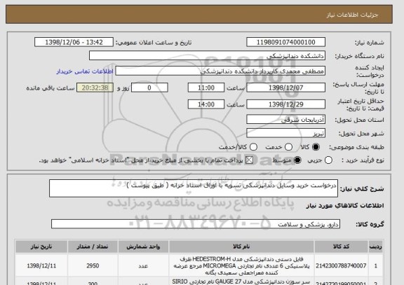 استعلام درخواست خرید وسایل دندانپزشکی تسویه با اوراق اسناد خزانه ( طبق پیوست )