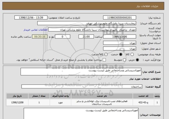استعلام امورتاسیساتی وساختمانی طبق لیست پیوست