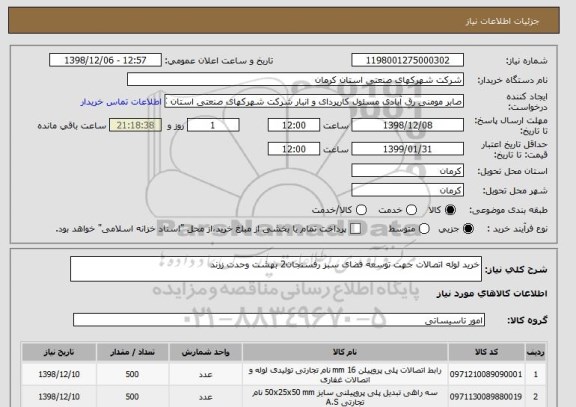 استعلام خرید لوله اتصالات جهت توسعه فضای سبز رفسنجان2 بهشت وحدت زرند