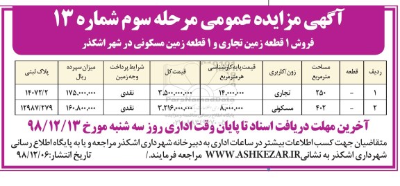 مزایده ,مزایده فروش 1 قطعه زمین تجاری و 1 قطعه زمین مسکونی شماره 13 مرحله سوم