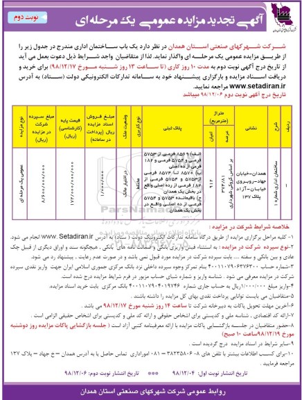مزایده، مزایده یک باب ساختمان اداری- نوبت دوم