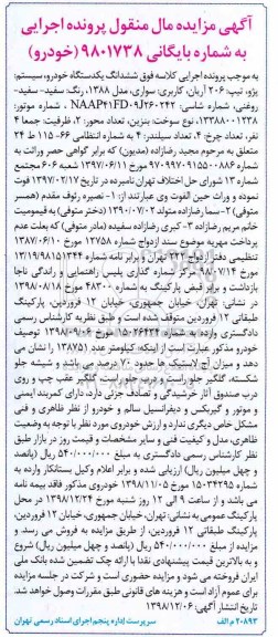 مزایده, مزایده ششدانگ یک دستگاه خودرو پژو 206 