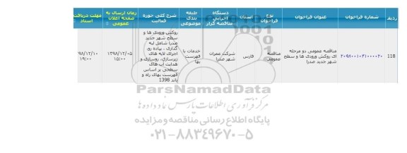 مناقصه روکش ورودی ها و سطح شهر جدید صدرا 