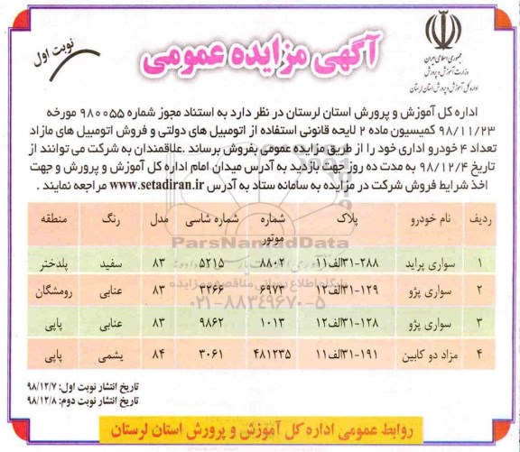 مزایده فروش اتومبیل های مازاد تعداد 4 خودرو