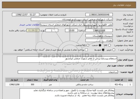 استعلام استعلام زیرسازی برخی از معابر شهرک صنعتی ایرانشهر