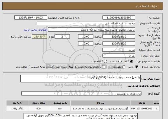 استعلام ران مرغ منجمد باپوست منجمد (600کیلو گرم ) 