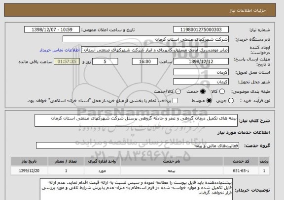 استعلام بیمه های تکمیل درمان گروهی و عمر و حادثه گروهی پرسنل شرکت شهرکهای صنعتی استان کرمان