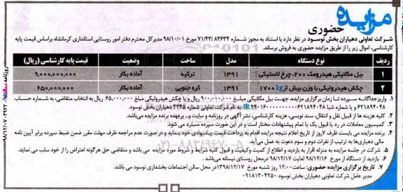 مزایده حضوری, مزایده فروش بیل مکانیکی هیدرومک 200 چرخ لاستیکی و ...